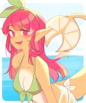  absurd_res accessory amarella_(gaziter) animal_humanoid bent_over blush breasts cleavage clothed clothing digital_media_(artwork) female fish fish_humanoid green_bikini_top hair hair_accessory hair_ribbon hi_res humanoid humanoid_pointy_ears lemon_shark long_hair marine marine_humanoid marshmallowgoblin non-mammal_breasts red_eyes red_hair requiem_shark ribbons shark smile solo topwear yellow_body 