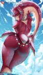  araneesama ass choker colored_skin fins fish fish_girl from_behind highres jewelry lips looking_back mipha monster_girl multicolored_skin red_skin the_legend_of_zelda the_legend_of_zelda:_breath_of_the_wild thick_thighs thighs turning_head yellow_eyes 