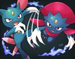 :d claws commentary_request dated evolutionary_line eyelashes fangs highres looking_at_viewer motion_lines no_humans okoge_(simokaji) open_mouth pokemon pokemon_(creature) purple_eyes shiny signature smile sneasel tongue weavile 