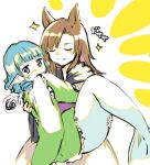  2girls animal_ears bangs blue_hair blunt_bangs brown_hair carrying closed_eyes commentary_request dress green_kimono head_fins imaizumi_kagerou japanese_clothes kimono long_hair long_sleeves mermaid monster_girl multiple_girls princess_carry smile sparkle spoken_squiggle squiggle syui_ko upper_body wakasagihime white_background white_dress wide_sleeves wolf_ears 