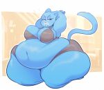  2022 anthro arms_above_head belly belly_overhang big_belly big_breasts big_butt bottomwear bra breasts butt clothing domestic_cat felid feline felis female hi_res hotpants huge_butt mammal navel obese obese_anthro obese_female overweight overweight_anthro overweight_female portrait ridiculouscake shorts solo thick_thighs three-quarter_portrait underwear 