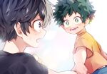  2boys black_eyes black_hair black_shirt blush boku_no_hero_academia child commentary_request crying crying_with_eyes_open freckles green_eyes green_hair hand_on_another&#039;s_arm holding_another&#039;s_arm looking_at_another male_child male_focus midoriya_izuku morino_(ktdk_0141) multiple_boys open_mouth orange_shirt shigaraki_tomura shirt short_hair short_sleeves smile tears younger 