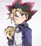  1boy bangs black_hair blonde_hair blush commentary dated grey_background highres ing&#039;yeo_soyeo male_focus millennium_puzzle multicolored_hair mutou_yuugi red_hair short_hair smile solo spiked_hair takahashi_kazuki_(person) twitter_username upper_body yu-gi-oh! yu-gi-oh!_duel_monsters 