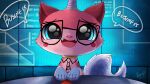  1girl blue_eyes cat colored_skin commentary_request english_commentary fake_screenshot glasses happy heart highres no_humans open_mouth penguin_ex pink_skin princess_unikitty simple_background smile solo tail the_lego_group the_lego_movie 
