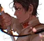  1boy artist_name black_eyes black_hair blurry blurry_foreground dark-skinned_male dark_skin golden_kamuy highres holding holding_weapon koito_otonoshin looking_at_viewer male_focus military military_uniform profile short_hair simple_background solo thick_eyebrows uniform upper_body weapon white_background yumi_(soak1111) 