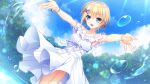  1girl :d armpits bangs bare_arms blonde_hair blue_eyes blue_sky bracelet camus_holmes cloud collarbone day dress game_cg hair_between_eyes hair_ornament jewelry open_mouth outdoors outstretched_arms ribbon senkou_no_clarias shiny shiny_hair short_hair sky sleeveless sleeveless_dress smile solo standing sundress sunlight suzuhira_hiro white_dress white_ribbon x_hair_ornament 