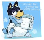  anthro bandit_heeler blue_body blue_fur bluey_(series) canid canine canis clean_diaper dialogue diaper diaper_fetish digital_media_(artwork) domestic_dog english_text folded_diaper fur hi_res looking_at_viewer male mammal open_mouth simple_background smile solo tenerius text 