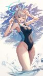  1girl ;d absurdres animal_ear_fluff animal_ears arms_up bangs bare_arms bare_shoulders black_swimsuit blue_archive blue_eyes blue_nails blue_sky blush breasts competition_swimsuit covered_navel day extra_ears fingernails grey_hair groin halo highres long_fingernails long_hair mazel_(mazel_star) medium_breasts nail_polish official_alternate_costume one-piece_swimsuit one_eye_closed open_mouth outdoors shiroko_(blue_archive) shiroko_(swimsuit)_(blue_archive) side_ponytail sky smile solo splashing swimsuit thighs wading water wolf_ears 