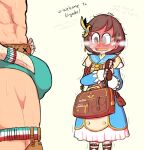  1boy 1girl blush bulge character_request english_text full-face_blush fupoo heavy_breathing monster_hunter_(character) monster_hunter_(series) monster_hunter_rise muscular muscular_male penis_awe sweat sweating_profusely underwear 