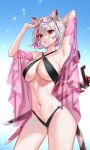  1girl :o animal_ear_fluff animal_ears arm_behind_head artist_name black_swimsuit breasts cat_ears cat_girl cleavage collarbone commission grey_hair highres indie_virtual_youtuber medium_breasts navel open_mouth pink_eyes red_eyes ringeko-chan short_hair solo stomach swimsuit sword symbol-only_commentary underboob vex_(vtuber) virtual_youtuber weapon weapon_on_back 