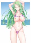  1girl alternate_costume arms_up bikini blush breasts breasts_out cameltoe cecilia_(fire_emblem) cleavage collarbone cowboy_shot fire_emblem fire_emblem:_the_binding_blade green_hair groin halterneck ham_pon highres large_breasts long_hair looking_at_viewer navel nipples o-ring o-ring_bikini o-ring_bottom o-ring_top ocean purple_bikini purple_swimsuit simple_background smile solo string_bikini swimsuit wet 