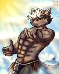  abs anthro beach blush canid canine canis claws clothing digital_drawing_(artwork) digital_media_(artwork) dog_tags domestic_dog furryart hi_res humanoid lifewonders looking_at_viewer male mammal muscular muscular_anthro muscular_male nipples pecs red_panda_mirr seaside smile solo swimwear tadatomo tokyo_afterschool_summoners tokyoafterschoolsummoners video_games 