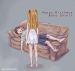  1boy 1girl artist_name barefoot blue_shorts brown_hair character_name closed_eyes couch drooling english_text from_behind grey_background happy_birthday highres ikari_shinji interface_headset kazumiminagawa long_hair looking_at_another neon_genesis_evangelion romaji_text shirt shorts sleeping souryuu_asuka_langley t-shirt two_side_up 