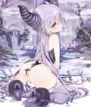  ahoge ass bangs blurry blurry_background chain cuffs demon_girl demon_horns demon_tail food highres hololive horns la+_darknesss long_hair looking_back morimori_(gnikoms) multicolored_hair plant pointy_ears popsicle popsicle_in_mouth purple_hair purple_legwear sitting solo striped_horns swimsuit tail thighs torn_clothes two-tone_hair very_long_hair wariza water waterfall yellow_eyes 