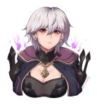 1girl bob_cut breasts byleth_(fire_emblem) byleth_(fire_emblem)_(female) cleavage cleavage_cutout clothing_cutout evomanaphy fire fire_emblem frown furrowed_brow fusion grima_(fire_emblem) highres jacket looking_at_viewer purple_fire purple_jacket red_eyes slit_pupils white_hair 