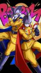 2boys blue_cape boots cape colored_sclera colored_skin dragon_ball dragon_ball_super dragon_ball_super_super_hero gamma_1 gamma_2 grey_skin grin gun highres holding holding_gun holding_weapon male_focus mine1225 multiple_boys pose red_cape smile sound_effects superhero weapon yellow_sclera 