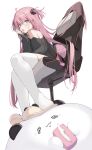  1girl :o ahoge bangs bare_shoulders black_shorts chair hair_between_eyes highres holding holding_stylus legs long_hair office_chair original parted_lips pink_hair purple_eyes shin_no_tenpii short_shorts shorts simple_background sitting slippers stuffed_toy stylus sweat thighhighs tissue_box two_side_up very_long_hair white_background white_thighhighs yellow_footwear 