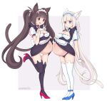  2girls absurdres animal_ear_legwear animal_ears apron artist_name bangs bell black_dress black_legwear black_panties blunt_bangs breasts brown_hair buttons cat_ear_legwear cat_ears cat_girl cat_tail chocola_(nekopara) cleavage closed_mouth clothes_pull commentary dress dress_pull fingerless_gloves full_body gloves high_heels highres jingle_bell long_hair looking_at_another maid maid_headdress medium_breasts multiple_girls navel neck_bell nekopara open_mouth orange_eyes panties pregnant puffy_short_sleeves puffy_sleeves pulled_by_self short_sleeves sidelocks slit_pupils smile standing standing_on_one_leg tail thighhighs twintails underbust underwear vanabette very_long_hair waist_apron white_hair white_legwear white_panties 