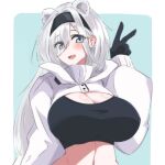  1girl :d animal_ears arknights aurora_(arknights) bear_ears bear_girl black_gloves black_hairband black_tube_top blue_background blue_eyes breasts cleavage cropped_jacket extra_ears eyes_visible_through_hair gloves hair_ornament hair_over_one_eye hairband hairclip hand_up jacket large_breasts long_sleeves maiq06 navel open_mouth simple_background smile solo strapless tube_top two-tone_background upper_body v white_background white_hair white_jacket 