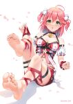  1girl bare_legs bare_shoulders barefoot bell casino_(casinoep) dress feet green_eyes hair_bell hair_ornament highres hololive looking_at_viewer medium_hair one_side_up paw_print paw_print_pattern pink_hair red_dress sakura_miko soles swimsuit toes twintails virtual_youtuber x_hair_ornament 