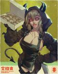  1girl blonde_hair box breasts cleavage dorohedoro dumpling food gloves highres hood horns ian_su jiaozi large_breasts long_hair nikaidou_(dorohedoro) open_mouth presenting red_eyes simple_background smile solo tail 