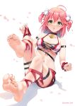  1girl bare_legs bare_shoulders barefoot bell casino_(casinoep) dress feet green_eyes hair_bell hair_ornament highres hololive looking_at_viewer medium_hair one_side_up paw_print paw_print_pattern pink_hair red_dress sakura_miko soles swimsuit toes twintails virtual_youtuber x_hair_ornament 