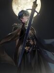  1boy armor belt blue_eyes blue_hair breastplate byleth_(fire_emblem) byleth_(fire_emblem)_(male) en_(enxxx) fire_emblem fire_emblem:_three_houses gauntlets highres long_sleeves looking_at_viewer male_focus moon night night_sky outdoors short_hair sky solo sword weapon 
