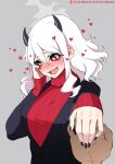  &lt;3 &lt;3_eyes 2020 ambiguous_gender bashful black_suit blush breasts clothed clothing demon demon_humanoid duo embarrassed female first_person_view hair hand_holding happy helltaker horn humanoid modeus_(helltaker) not_furry red_clothing red_eyes red_sweater red_topwear simple_background solo_focus sweater tofuubear topwear white_hair 
