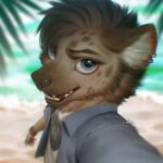  1:1 2022 anthro beach blue_body blue_fur blurred_background brown_body brown_fur brown_hair brown_nose clothed clothing day detailed_background digital_media_(artwork) ear_piercing ear_ring fur hair hi_res hyaenid looking_at_viewer male mammal open_mouth outside piercing ring_piercing sand seaside shoreline sky smile teeth tongue water waynlag 