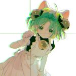  1girl ahoge animal_ears animal_hat antenna_hair balabling bell black_shirt blush cat_ears cat_girl cat_hat chromatic_aberration closed_mouth dejiko di_gi_charat dress green_eyes hair_ornament hand_up hat looking_at_viewer maid neck_bell shirt short_hair simple_background solo target white_background white_dress 