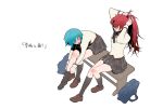  2girls ^_^ adjusting_hair bag bench blue_hair blush closed_eyes from_above hands_in_hair highres kneehighs loafers long_hair mahou_shoujo_madoka_magica miki_sayaka mitakihara_school_uniform mouth_hold multiple_girls open_mouth red_hair riyu_qvq sakura_kyouko school_bag school_uniform shoes sitting sock_pull teeth thighs translation_request white_background 