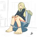  adictreader barefoot blonde_hair harry_potter_(series) highres luna_lovegood non-web_source one_eye_closed toilet toilet_use yellow_nails 