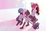  2girls ^_^ adjusting_hair bag bench blue_hair blush closed_eyes from_above hands_in_hair highres kneehighs loafers long_hair mahou_shoujo_madoka_magica miki_sayaka mitakihara_school_uniform mouth_hold multiple_girls open_mouth red_hair riyu_qvq sakura_kyouko school_bag school_uniform shoes sitting sock_pull teeth thighs 