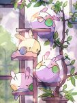  bonsai cat_tower goomy hanabusaoekaki highres indoors no_humans open_mouth plant pokemon pokemon_(creature) potted_plant tree window 