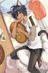  1boy animal_ears black_hair cat_boy cat_ears cat_tail couch dark-skinned_male dark_skin fang kuzuvine looking_up lying male_focus official_art on_side onyx_(saibai_shounen) open_mouth pillow saibai_shounen short_hair solo tail tongue tongue_out yellow_eyes 