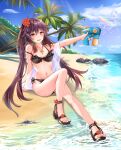  1girl :d ahoge alternate_costume armpits ass bangs bare_shoulders beach bikini black_bikini black_footwear blue_sky blurry breasts brown_hair chao_ciyuan_hai_meng_xing cleavage cloud cloudy_sky coconut_tree collarbone commentary_request depth_of_field flower frilled_bikini frills full_body genshin_impact hair_between_eyes hair_flower hair_ornament holding holding_water_gun horizon hu_tao_(genshin_impact) jewelry knee_up long_hair looking_at_viewer medium_breasts navel necklace ocean palm_tree red_eyes sandals sidelocks sitting sky smile solo spaghetti_strap stomach swimsuit symbol-shaped_pupils tree twintails water_gun 