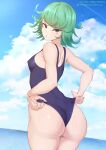  1girl a-o_a absurdres adjusting_clothes adjusting_swimsuit ass bangs blue_swimsuit breasts cloud cloudy_sky covered_nipples cowboy_shot curly_hair flipped_hair green_eyes green_hair highres horizon huge_ass looking_at_viewer looking_back ocean one-piece_swimsuit one-punch_man open_mouth short_hair shoulder_blades sky small_breasts solo swimsuit tatsumaki thighs wedgie 