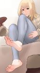  blonde_hair boots boots_removed brown_eyes commentary commission denim english_commentary feet foot_focus grabbing_own_thigh highres holding holding_shoes jeans leggings ludena_(rayer) orange_eyes original pants removing_shoes ribbed_sweater scathegrapes shoes sitting soles sweater toenails toes 