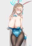  1girl animal_ears asuna_(blue_archive) bangs bare_shoulders black_legwear blue_archive blue_bow blue_eyes blue_leotard blurry blurry_background blush bow bowtie breasts brown_hair cleavage covered_navel detached_collar fake_animal_ears gloves grin hair_over_one_eye highres large_breasts leotard light_brown_hair long_hair looking_at_viewer mole mole_on_breast paid_reward_available pantyhose piripun playboy_bunny rabbit_ears simple_background sitting smile solo strapless strapless_leotard thighs white_background white_gloves wrist_cuffs 