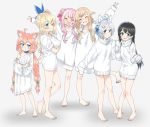  6+girls ahoge animal_ears arm_over_shoulder arm_up barefoot black_hair blonde_hair blue_eyes blush cat_ears character_request choker commentary crossed_arms eyes_closed fake_animal_ears full_body gengorou grin hair_bobbles hair_bun hair_flaps hair_ornament hairband hairclip hinata_channel long_hair low_twintails mirai_akari mirai_akari_project multiple_girls nekomiya_hinata no_pants off_shoulder one_eye_closed pink_hair shirt short_hair side_bun side_ponytail silver_hair simple_background sleeves_past_wrists smile standing standing_on_one_leg sweater t-shirt toes turtleneck turtleneck_sweater twintails v virtual_youtuber white_background white_shirt white_sweater 
