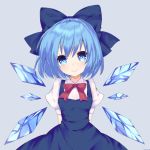  1girl arms_behind_back bangs blue_dress blue_eyes blue_hair blush bow cirno commentary_request dress hair_bow head_tilt ice ice_wings looking_at_viewer puffy_short_sleeves puffy_sleeves short_hair short_sleeves simple_background smile solo sutorea touhou wings 