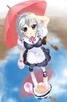  braid izayoi_sakuya kotatsu_(kotatsu3) maid no_panties puddle pussy rain reflection ribbon short_hair side_braid silver_hair solo thighhighs touhou twin_braids umbrella water 