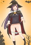  bad_id bad_pixiv_id blush cape cross hat hentai_oyaji highres kannagi long_hair panties panty_pull pubic_hair pumpkin purple_hair pussy skirt skirt_lift solo underwear very_long_hair witch_hat zange 