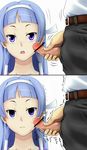  1girl bad_aim bangs bar_censor belt blue_eyes blue_hair blunt_bangs bored censored cheek_poking cum cum_string ejaculation empty_eyes erection expressionless facejob facial hair_tubes hairband hetero highres kannagi long_hair male_pubic_hair nagi open_mouth penis penis_on_face poking precum pubic_hair school_uniform tezunuri trembling 