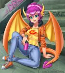  2019 alternate_species animal_humanoid blue_eyes clothed clothing digital_media_(artwork) dragon_humanoid female friendship_is_magic fully_clothed graffiti hair horn humanoid humanoidized jacket jeans looking_at_viewer my_little_pony open_mouth pants purple_hair racoon-kun shirt smolder_(mlp) sneakers solo spray_can url wings 