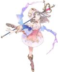  1girl artist_request atelier_(series) atelier_totori bangs bare_shoulders boots breasts brown_hair collarbone commentary_request cropped_jacket detached_sleeves dress eyebrows_visible_through_hair full_body hat jacket knee_boots leg_up long_hair looking_at_viewer official_art open_clothes open_jacket parted_lips short_dress simple_background skirt small_breasts solo staff standing standing_on_one_leg totooria_helmold white_background 