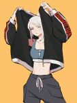  1girl black_jacket black_pants blue_eyes blue_sports_bra breasts cleavage collarbone frown grey_hair highres hyoon_(sockgyu) jacket jett_(valorant) looking_to_the_side one_eye_closed pants solo sports_bra sweatpants valorant 