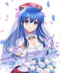  1girl absurdres blue_eyes blue_hair bouquet bridal_veil bride closed_mouth collarbone dress elbow_gloves fire_emblem fire_emblem:_the_binding_blade fire_emblem_heroes flower gloves hair_flower hair_ornament highres holding holding_bouquet kakiko210 lilina_(fire_emblem) looking_at_viewer petals see-through simple_background smile solo strapless strapless_dress upper_body veil wedding_dress white_background white_dress white_flower white_gloves 