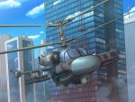  1boy aircraft building city cloud commentary_request commission covered_face earasensha flying gun helicopter helmet holding holding_weapon ka-52 military military_vehicle missile original propeller reflection scenery skeb_commission sky skyscraper weapon 