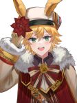  1boy animal_ears arknights bishounen blonde_hair blue_sealad blush christmas_ornaments eyebrows_behind_hair gloves green_eyes hand_up hat leonhardt_(arknights) male_focus rabbit_boy rabbit_ears ribbon short_hair simple_background smile solo upper_body white_background 